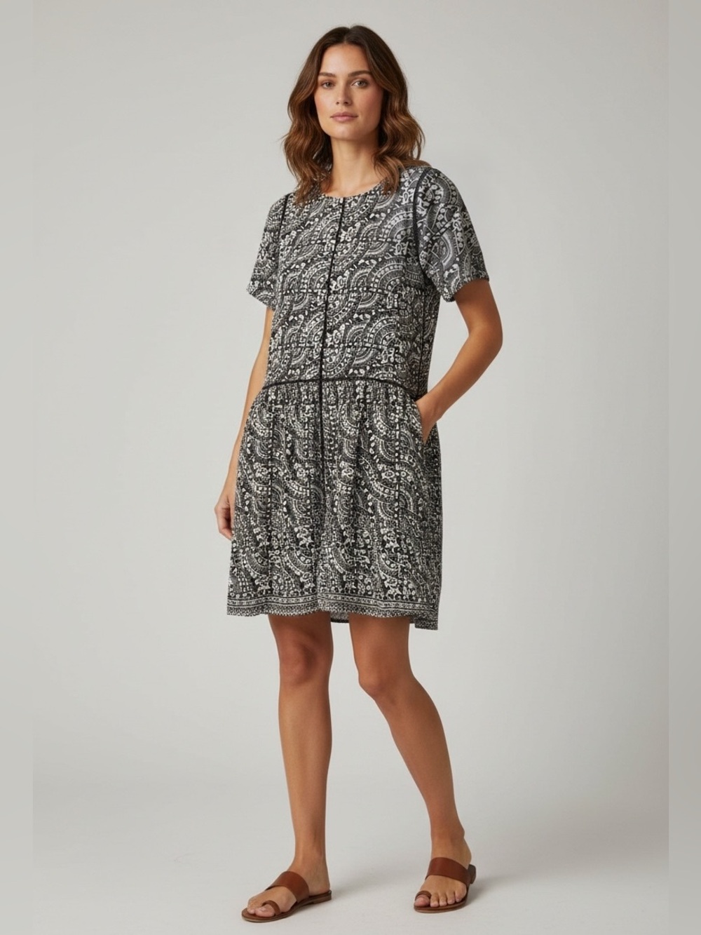 Sea New York Luella Day Dress-Blac/ Gray Paisley Ramie Mini Dress- 6- MSRP $425